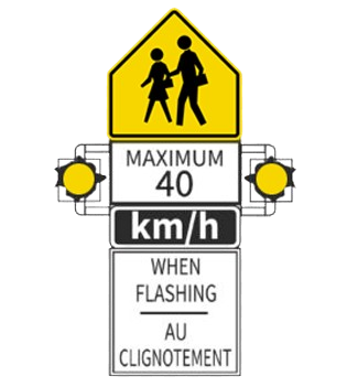 School zone speed limit sign with flashing yellow lights for G1 exams and tests preparation - CanDriveHub
